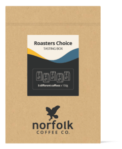 Label for Norfolk Coffee tasting pack of 5 different coffees.