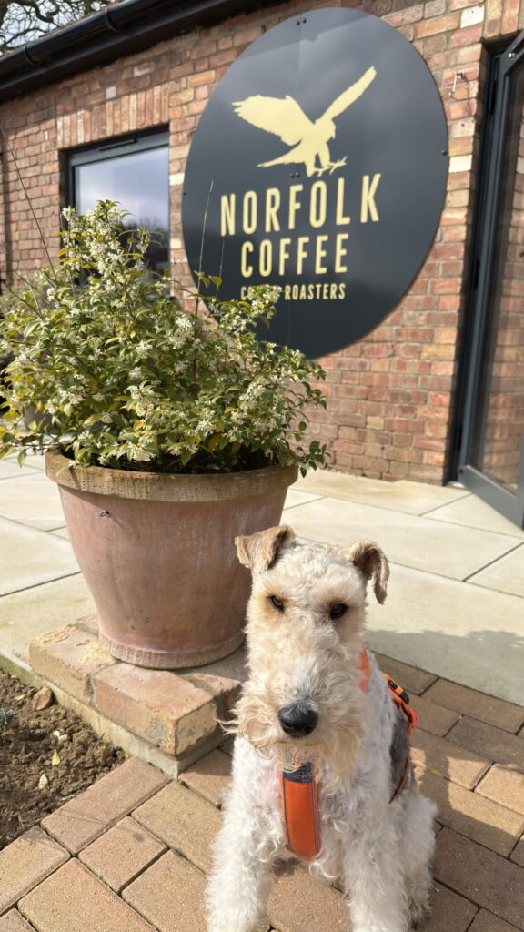 Image of exterior of norfolk.coffee roastery sign and dog